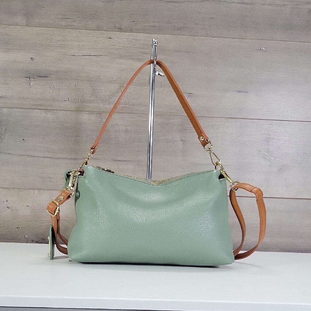 Valentina  Sage Italian Leather Shoulder Bag with Tan Strap